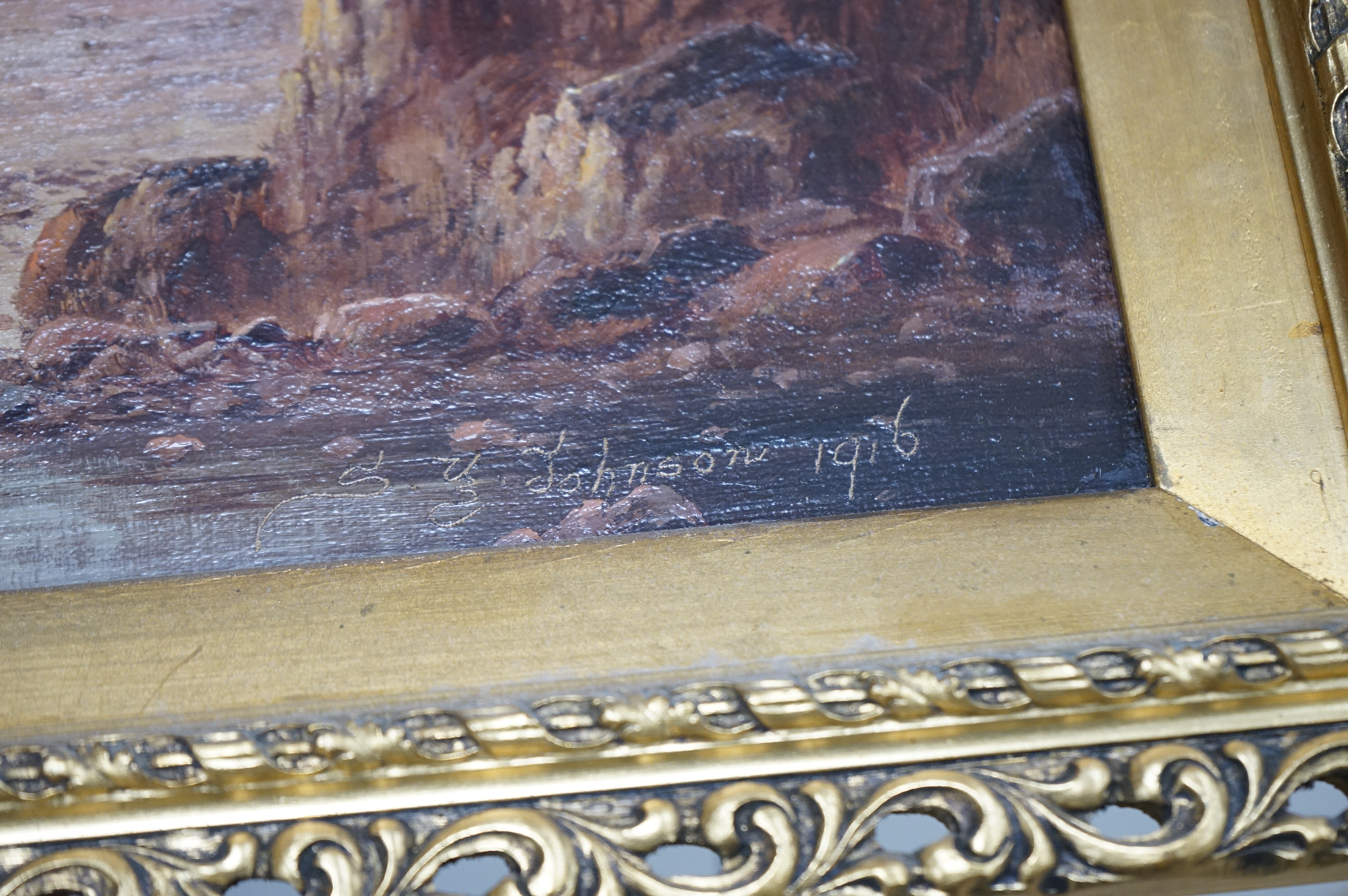 Sidney Yates Johnson (fl.1890-1926), pair of oils on canvas, Coastal scenes with fisherfolk, each signed, 29 x 59cm, housed in ornate gilt frames